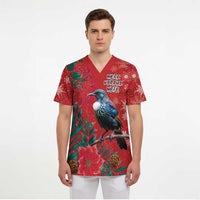 Tui Meri Kirihimete Personalised Scrub Top Pohutukawa Flowers Red Motif LT9 - Polynesian Pride