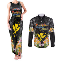 Pasifika Vibes Festival 2024 Couples Matching Tank Maxi Dress and Long Sleeve Button Shirt Kanaka Maoli With Hawaiian Islands LT9 Black - Polynesian Pride