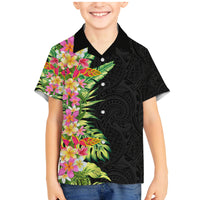 Hawaii Tropical Flowers Tribal Pattern Family Matching Mermaid Dress and Hawaiian Shirt No1 LT9 Son's Shirt Black - Polynesian Pride
