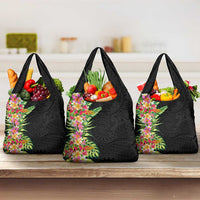 Hawaii Tropical Flowers Tribal Pattern Grocery Bag No1 LT9 3-pack One Size Black - Polynesian Pride