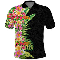 Hawaii Tropical Flowers Tribal Pattern Polo Shirt No1 LT9 Black - Polynesian Pride