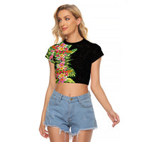Hawaii Tropical Flowers Tribal Pattern Raglan Cropped T Shirt No1 LT9 Female Black - Polynesian Pride