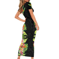 Hawaii Tropical Flowers Tribal Pattern Short Sleeve Bodycon Dress No1 LT9 - Polynesian Pride