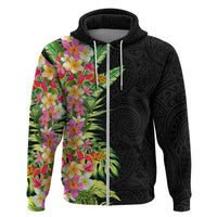 Hawaii Tropical Flowers Tribal Pattern Zip Hoodie No1 LT9 Zip Hoodie Black - Polynesian Pride