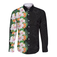 Hawaii Tropical Flowers Tribal Pattern Long Sleeve Button Shirt No3 LT9 Unisex Black - Polynesian Pride