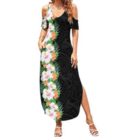 Hawaii Tropical Flowers Tribal Pattern Summer Maxi Dress No3 LT9 Women Black - Polynesian Pride