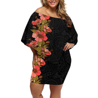 Hawaii Tropical Flowers Tribal Pattern Off Shoulder Short Dress No4 LT9 Women Black - Polynesian Pride