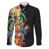 Hawaii Tropical Flowers Tribal Pattern Family Matching Short Sleeve Bodycon Dress and Hawaiian Shirt No5 LT9 Dad's Shirt - Long Sleeve Black - Polynesian Pride