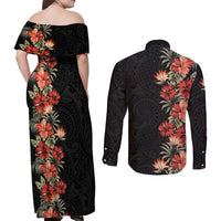 Hawaii Tropical Flowers Tribal Pattern Couples Matching Off Shoulder Maxi Dress and Long Sleeve Button Shirt No6 LT9 - Polynesian Pride