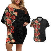 Hawaii Tropical Flowers Tribal Pattern Couples Matching Off Shoulder Short Dress and Hawaiian Shirt No6 LT9 Black - Polynesian Pride