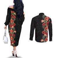 Hawaii Tropical Flowers Tribal Pattern Couples Matching Off The Shoulder Long Sleeve Dress and Long Sleeve Button Shirt No6 LT9 - Polynesian Pride