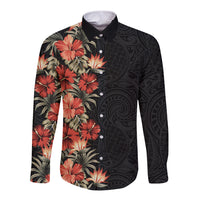 Hawaii Tropical Flowers Tribal Pattern Long Sleeve Button Shirt No6 LT9 Unisex Black - Polynesian Pride