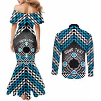 Personalised Aotearoa Niho Taniwha Motif Couples Matching Mermaid Dress and Long Sleeve Button Shirt Blue Style LT9 - Polynesian Pride