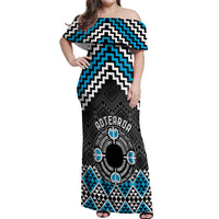 Personalised Aotearoa Niho Taniwha Motif Off Shoulder Maxi Dress Blue Style LT9 Women Blue - Polynesian Pride