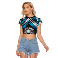 Personalised Aotearoa Niho Taniwha Motif Raglan Cropped T Shirt Blue Style LT9 Female Blue - Polynesian Pride