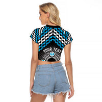 Personalised Aotearoa Niho Taniwha Motif Raglan Cropped T Shirt Blue Style LT9 - Polynesian Pride
