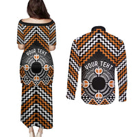 Personalised Aotearoa Niho Taniwha Motif Couples Matching Puletasi and Long Sleeve Button Shirt Gold Style LT9 - Polynesian Pride