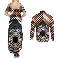 Personalised Aotearoa Niho Taniwha Motif Couples Matching Summer Maxi Dress and Long Sleeve Button Shirt Gold Style LT9 - Polynesian Pride