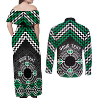 Personalised Aotearoa Niho Taniwha Motif Couples Matching Off Shoulder Maxi Dress and Long Sleeve Button Shirt Green Style LT9 - Polynesian Pride