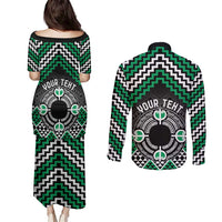 Personalised Aotearoa Niho Taniwha Motif Couples Matching Puletasi and Long Sleeve Button Shirt Green Style LT9 - Polynesian Pride