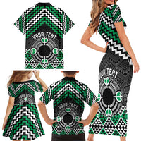 Personalised Aotearoa Niho Taniwha Motif Family Matching Short Sleeve Bodycon Dress and Hawaiian Shirt Green Style