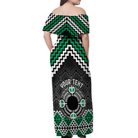 Personalised Aotearoa Niho Taniwha Motif Off Shoulder Maxi Dress Green Style LT9 - Polynesian Pride