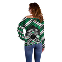 Personalised Aotearoa Niho Taniwha Motif Off Shoulder Sweater Green Style