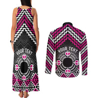 Personalised Aotearoa Niho Taniwha Motif Couples Matching Tank Maxi Dress and Long Sleeve Button Shirt Pink Style LT9 - Polynesian Pride