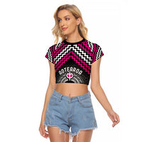Personalised Aotearoa Niho Taniwha Motif Raglan Cropped T Shirt Pink Style LT9 Female Pink - Polynesian Pride