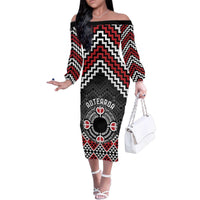 Personalised Aotearoa Niho Taniwha Motif Family Matching Off The Shoulder Long Sleeve Dress and Hawaiian Shirt Red Style