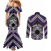 Personalised Aotearoa Niho Taniwha Motif Couples Matching Mermaid Dress and Long Sleeve Button Shirt Violet Style LT9 - Polynesian Pride