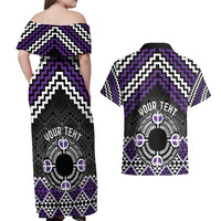 Personalised Aotearoa Niho Taniwha Motif Couples Matching Off Shoulder Maxi Dress and Hawaiian Shirt Violet Style LT9 - Polynesian Pride