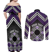Personalised Aotearoa Niho Taniwha Motif Couples Matching Off Shoulder Maxi Dress and Long Sleeve Button Shirt Violet Style LT9 - Polynesian Pride