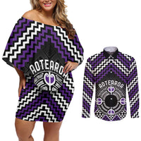 Personalised Aotearoa Niho Taniwha Motif Couples Matching Off Shoulder Short Dress and Long Sleeve Button Shirt Violet Style LT9 Violet - Polynesian Pride