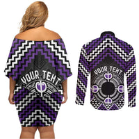 Personalised Aotearoa Niho Taniwha Motif Couples Matching Off Shoulder Short Dress and Long Sleeve Button Shirt Violet Style LT9 - Polynesian Pride