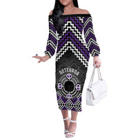 Personalised Aotearoa Niho Taniwha Motif Family Matching Off The Shoulder Long Sleeve Dress and Hawaiian Shirt Violet Style