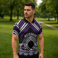 Personalised Aotearoa Niho Taniwha Motif Zipper Polo Shirt Violet Style - Polynesian Pride