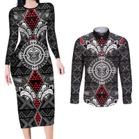 Black Aotearoa Tanilo Motif Couples Matching Long Sleeve Bodycon Dress and Long Sleeve Button Shirt Vintage Maori New Zealand Tribal Art Pattern