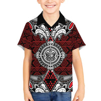 Red Aotearoa Tanilo Motif Family Matching Off The Shoulder Long Sleeve Dress and Hawaiian Shirt Vintage Maori New Zealand Tribal Art Pattern
