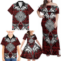 Red Aotearoa Tanilo Motif Family Matching Off Shoulder Maxi Dress and Hawaiian Shirt Vintage Maori New Zealand Tribal Art Pattern
