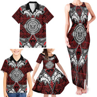 Red Aotearoa Tanilo Motif Family Matching Tank Maxi Dress and Hawaiian Shirt Vintage Maori New Zealand Tribal Art Pattern