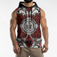 Red Aotearoa Taniko Motif Sleeveless Hoodie Vintage Maori New Zealand Tribal Art Pattern - Polynesian Pride