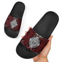 Red Aotearoa Taniko Motif Slide Sandals Vintage Maori New Zealand Tribal Art Pattern - Polynesian Pride