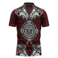 Red Aotearoa Taniko Motif Zipper Polo Shirt Vintage Maori New Zealand Tribal Art Pattern - Polynesian Pride