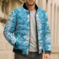 Hawaiian Lei Day Bomber Puffer Jacket Blue Hibiscus Flowers Lei Art - Polynesian Pride