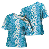 Hawaiian Lei Day Cross Shoulder Shirt Blue Hibiscus Flowers Lei Art - Polynesian Pride