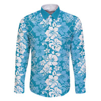 Hawaiian Lei Day Family Matching Long Sleeve Bodycon Dress and Hawaiian Shirt Blue Hibiscus Flowers Lei Art