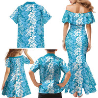 Hawaiian Lei Day Family Matching Mermaid Dress and Hawaiian Shirt Blue Hibiscus Flowers Lei Art