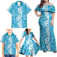 Hawaiian Lei Day Family Matching Off Shoulder Maxi Dress and Hawaiian Shirt Blue Hibiscus Flowers Lei Art