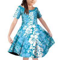 Hawaiian Lei Day Family Matching Off Shoulder Short Dress and Hawaiian Shirt Blue Hibiscus Flowers Lei Art